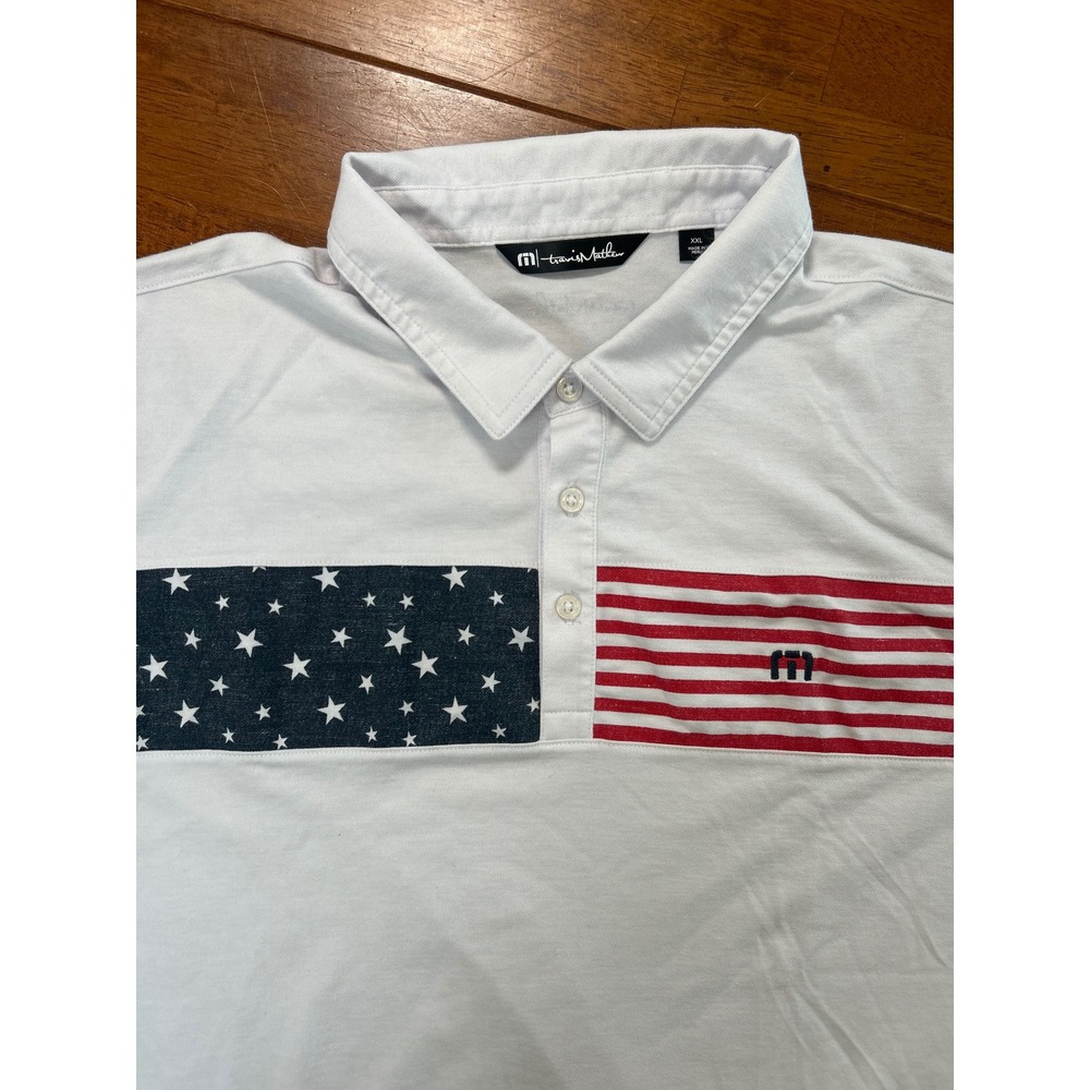TravisMathew Polo Shirt Mens XXL White American Flag Stars Stripes Golf Tee